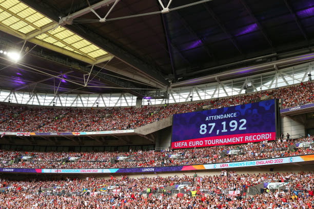 LONDON%2C+ENGLAND+-+JULY+31%3A+The+scoreboard+announces+a+record+attendance+during+the+UEFA+Womens+Euro+England+2022+final+match+between+England+and+Germany+at+Wembley+Stadium+on+July+31%2C+2022+in+London%2C+United+Kingdom.+%28Photo+by+Robbie+Jay+Barratt+-+AMA%2FGetty+Images%29