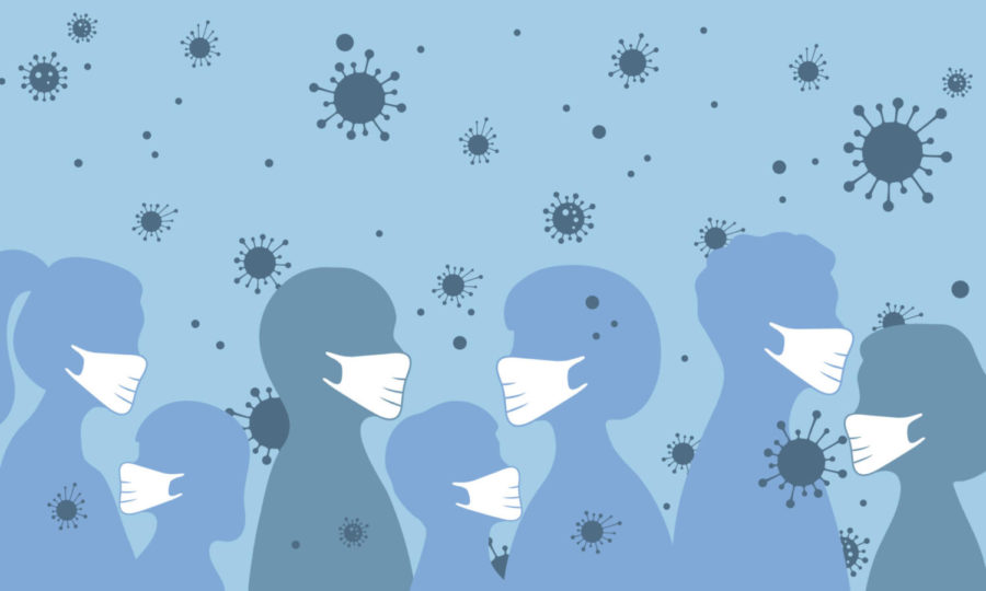 Concept of coronavirus quarantine and mask protection. Covid infection in the air, airborne transmission, people crowd wearing white medical face masks. Vector illustration, flat style.