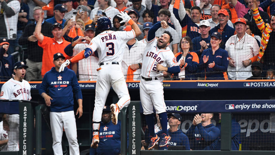 HOUSTON%2C+TX+-+OCTOBER+19%3A+Jeremy+Pe%C3%B1a+%233+celebrates+with+Jose+Altuve+%2327+of+the+Houston+Astros+after+hitting+a+home+run+in+the+seventh+inning+during+Game+1+of+the+ALCS+between+the+New+York+Yankees+and+the+Houston+Astros+at+Minute+Maid+Park+on+Wednesday%2C+October+19%2C+2022+in+Houston%2C+Texas.+%28Photo+by+Logan+Riely%2FMLB+Photos+via+Getty+Images%29