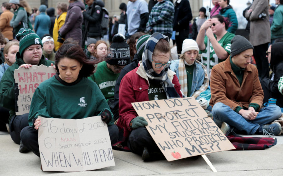 Michigan State University students protest in front of the State Capitol against guns, following a mass shooting of eight MSU students on Monday at campus,  in Lansing, Michigan U.S. February 15, 2023.   REUTERS/Rebecca Cook