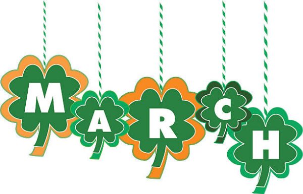 The Month of March Text written Within Hanging Shamrocks of various colors and sizes - suggests Saint Patricks Day