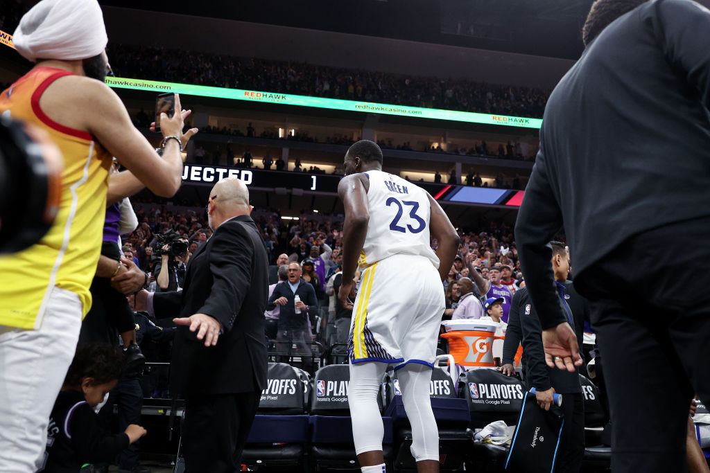 SACRAMENTO, CALIFORNIA - APRIL 17: Draymond Green #23 of the Golden State Warriors leaves the court after being ejected from their game against the Sacramento Kings during Game Two of the Western Conference First Round Playoffs at Golden 1 Center on April 17, 2023 in Sacramento, California. NOTE TO USER: User expressly acknowledges and agrees that, by downloading and or using this photograph, User is consenting to the terms and conditions of the Getty Images License Agreement. (Photo by Ezra Shaw/Getty Images)