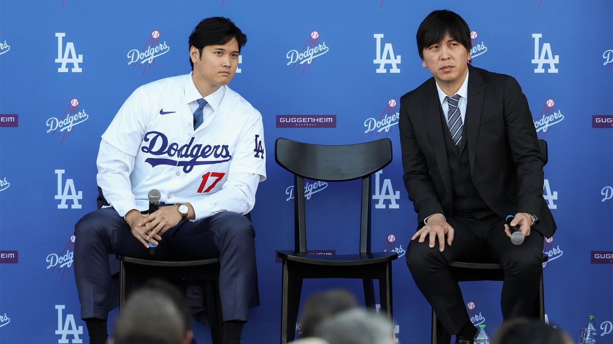LOS ANGELES, CA - DECEMBER 14: Shohei Ohtani answers questions and Ippei Mizuhara translates during the Shohei Ohtani Los Angeles Dodgers Press Conference at Dodger Stadium on Thursday, December 14, 2023 in Los Angeles, California. (Photo by Rob Leiter/MLB Photos via Getty Images)