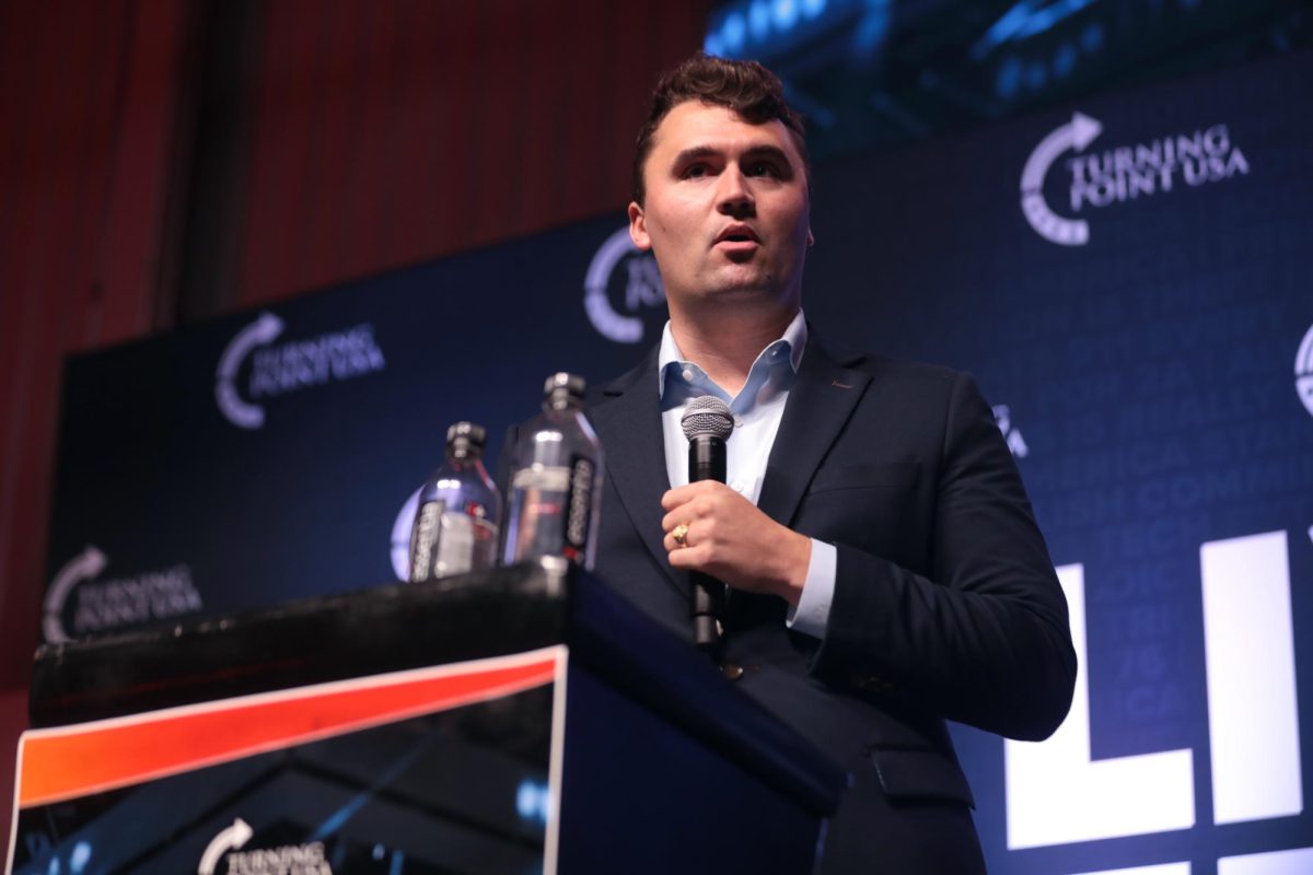 Charlie Kirk speaking with attendees at the Grand Canyon University tour stop of the "Live Free" tour at the Antelope Gymnasium in Phoenix, Arizona